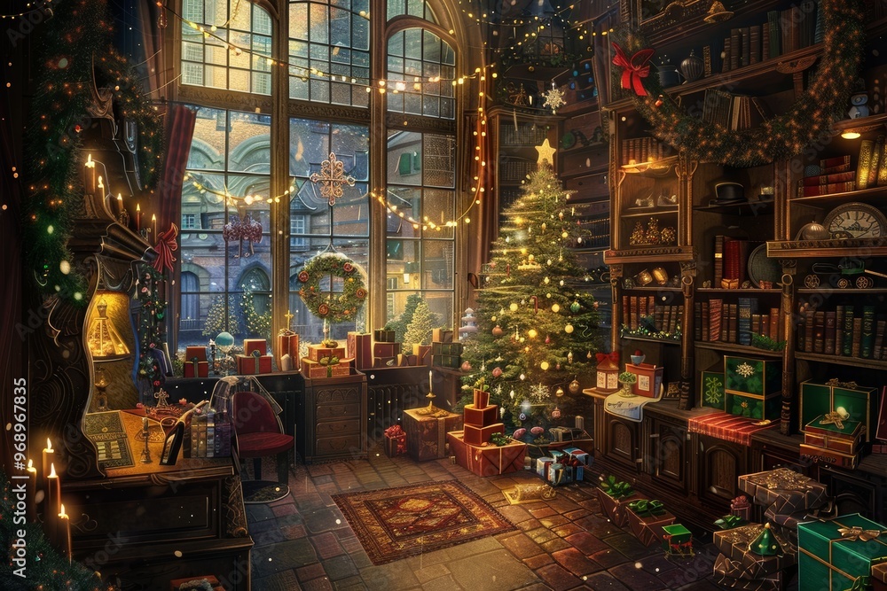 Obraz premium Enchanting illustration of an old magic shop filled with Christmas decorations and gifts. Cozy christmas scene with decorations, a warming fireplace and a christmas tree, Happy seasons greetings