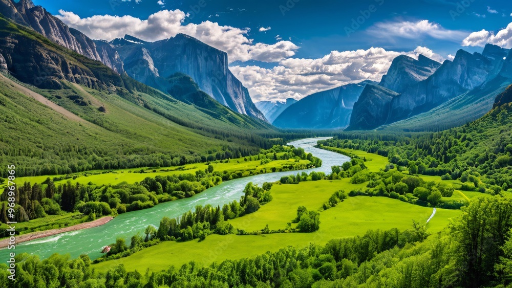 Lush Green Valley with River and Towering Mountains Lush Green Valley with River and Towering Mountains