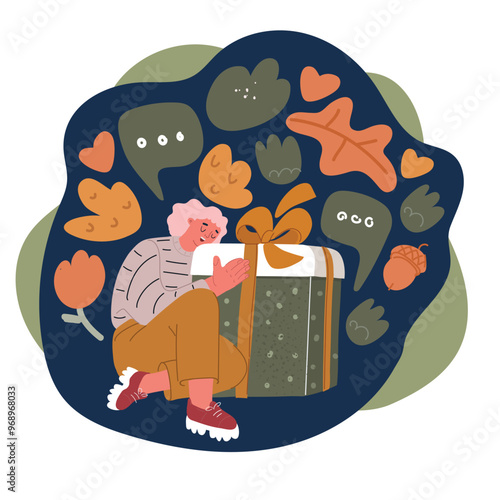 Cartoon Vector Illustration of a Woman Embracing a Giant Gift Box, Concept of Celebration and Surprise over dark background