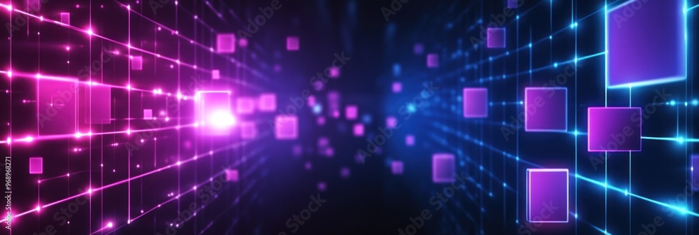 Obraz premium Abstract Neon Grid with Glowing Squares and Lines