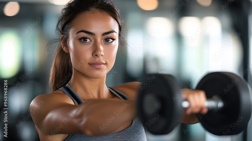 Fototapeta premium A female fitness model performing lateral raises highlighting shoulder muscle definition.
