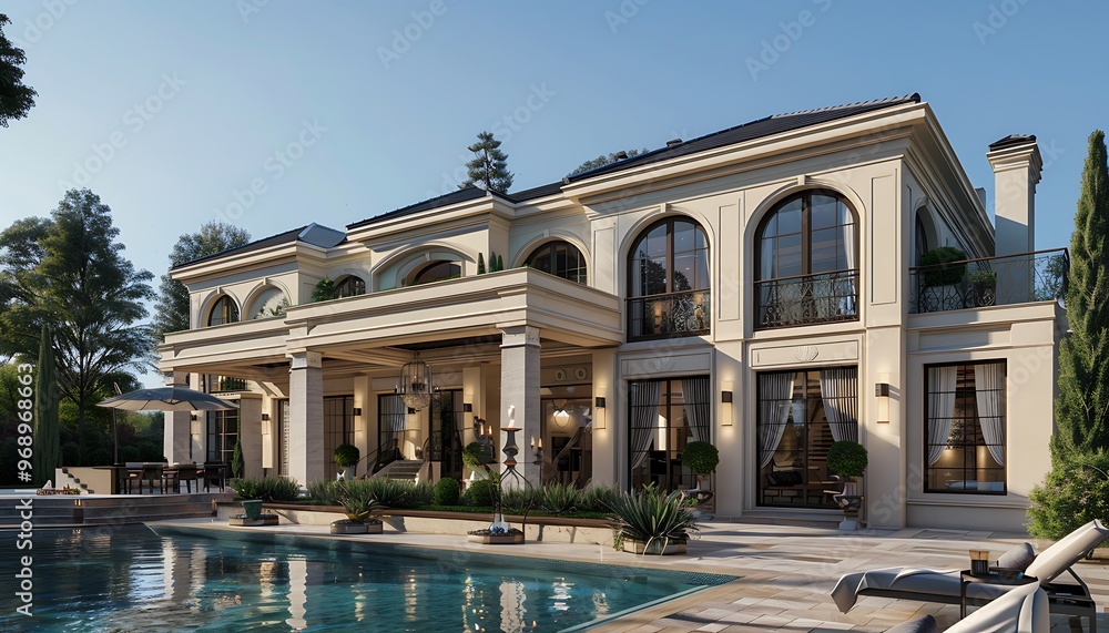 Naklejka premium A luxury villa with a pool and architecture