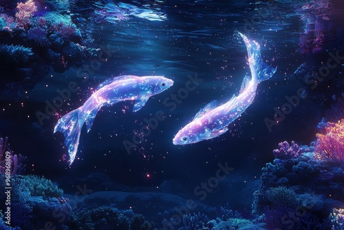 Two koi fish swimming in vibrant underwater scene with glowing coral and colorful plants