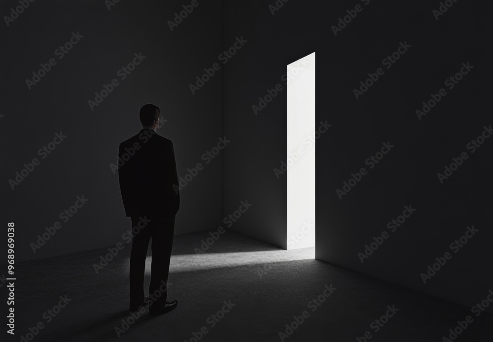 Obraz premium Concept for success of businessman looking out of abstract opening in wall next to bright daylight in concrete interior.