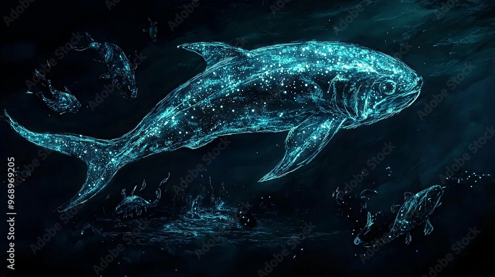 Fototapeta premium A large fish swims through the dark water, surrounded by smaller fish. Its body is made of glowing particles.