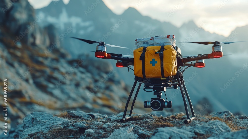 Autonomous AI-driven medical drones delivering emergency supplies to remote areas: Drones equipped with medical supplies navigating difficult terrain to reach patients quickly. Autonomous AI-driven medical drones delivering emergency supplies to remote areas: Drones equipped with medical supplies navigating difficult terrain to reach patients quickly.