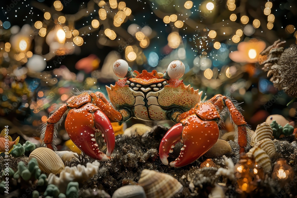 Two Christmas crabs with holiday decorations and sparkling lights Two Christmas crabs with holiday decorations and sparkling lights
