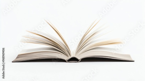 An open book lying flat on a white background.