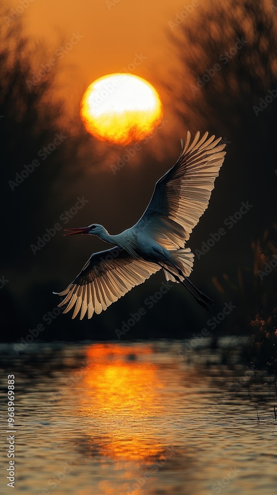 Fototapeta premium A serene scene of a bird gracefully flying over a peaceful lake during a stunning sunset, showcasing nature's beauty and tranquility.
