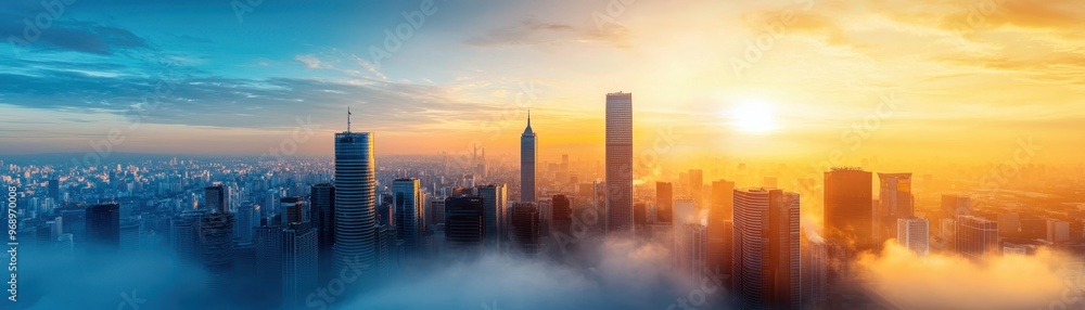 Fototapeta premium Urban Pollution Crisis - Aerial View of Smog-Filled City with Copy Space, Highlighting Climate Emergency and Pollution from Cars and Factories