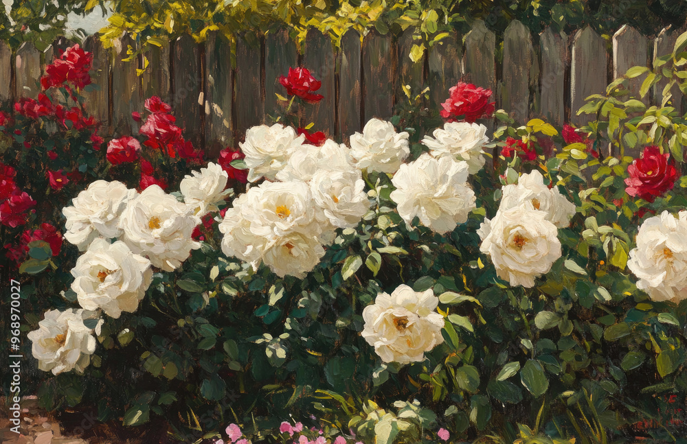 A garden wall of white and red roses. Created with Ai A garden wall of white and red roses. Created with Ai