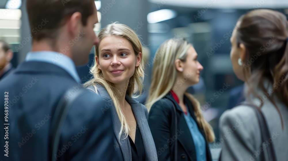 A group of professionals engaged in conversation at a business event. A group of professionals engaged in conversation at a business event.