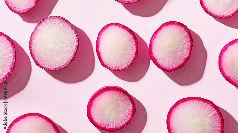 Fototapeta premium A pattern of radish slices on a pink background.