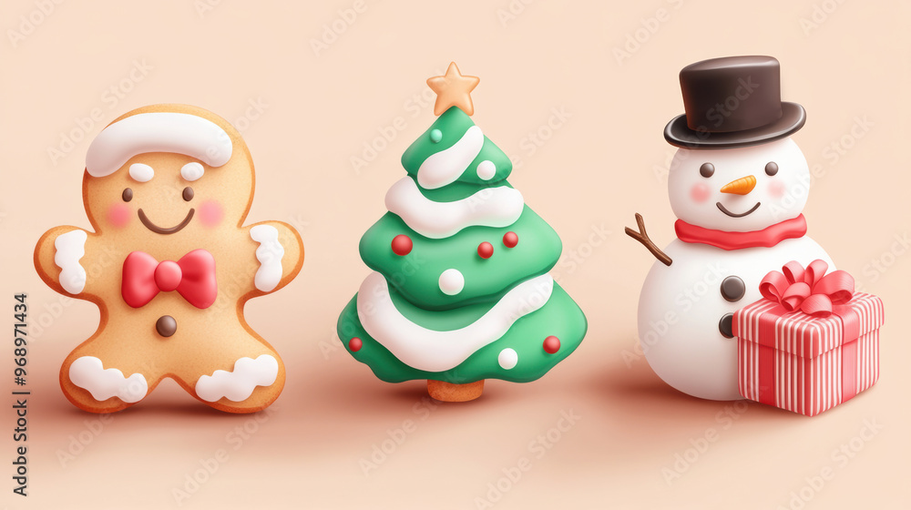 A group of three christmas cookies next to a christmas tree A group of three christmas cookies next to a christmas tree