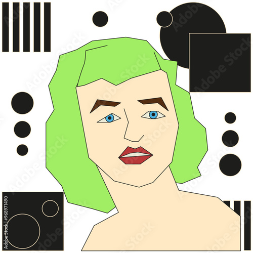 Woman with cigarette and freak color of hair. The harm of smoking for women concept. Trendy geometric art with female portrait isolated white background. Vector aesthetic for t-shirt print.