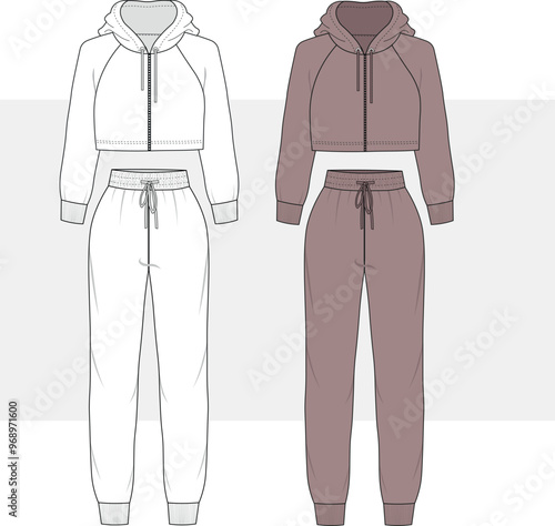 Women Crop Hoodie with zipper and Bottom Tracksuit Fashion Illustration, Vector, CAD, Technical Drawing, Flat Drawing.