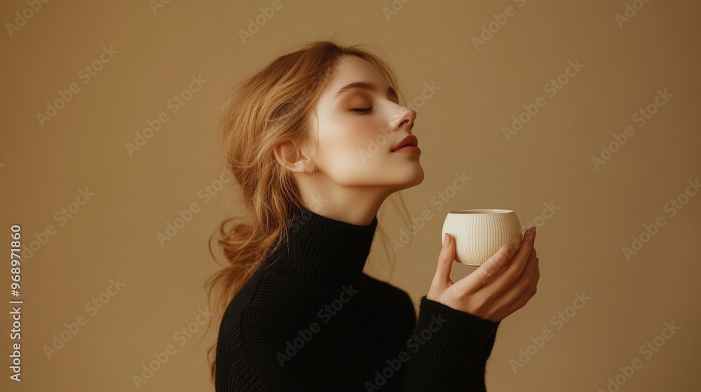 A woman in a black turtleneck holding a coffee cup A woman in a black turtleneck holding a coffee cup