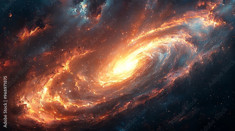 Semiabstract depiction of a swirling galaxy with planets orbiting in dynamic colorful patterns symbolizing the vastness of the universe Semiabstract depiction of a swirling galaxy with planets orbiting in dynamic colorful patterns symbolizing the vastness of the universe