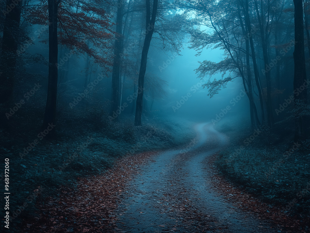 Naklejka premium Spooky autumn forest path with fog and eerie lighting