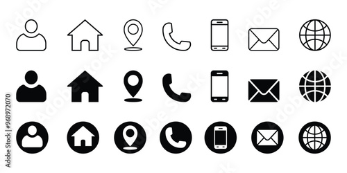 business card and website icon set.  contact information icons containing name, location, phone, email and web address symbol. transparent png and vector illustration.