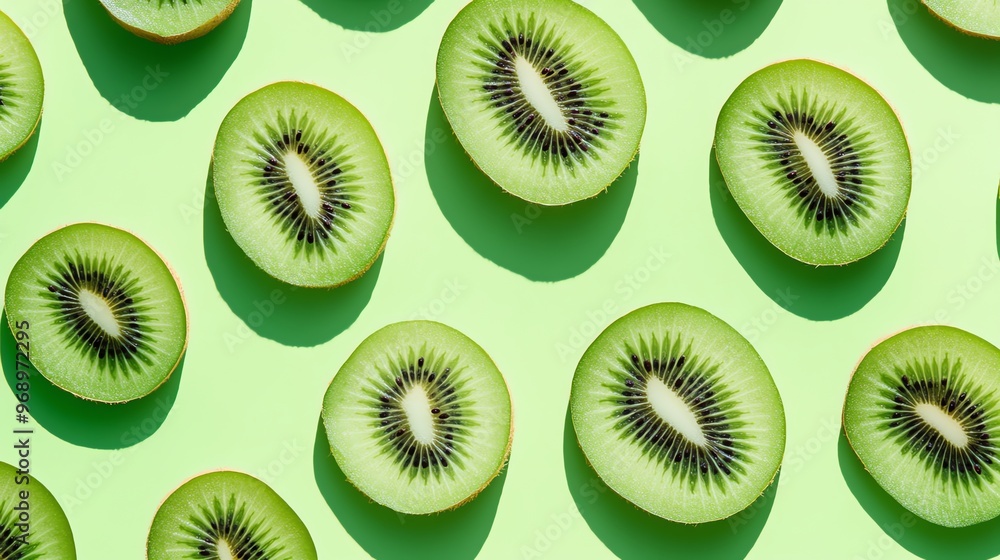Fototapeta premium A pattern of kiwi slices on a green background.