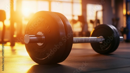 A close-up of a gym dumbbell lying on the floor, illuminated by soft sunrise light in a modern fitness studio, creating an energetic and warm ambiance..