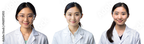 Set of Asian women doctors or scientists on transparent background. Medicine and health concept.