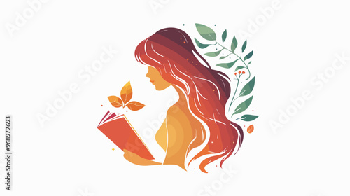 Flat Vector Logo of Abstract Girl Reading Book Isolated