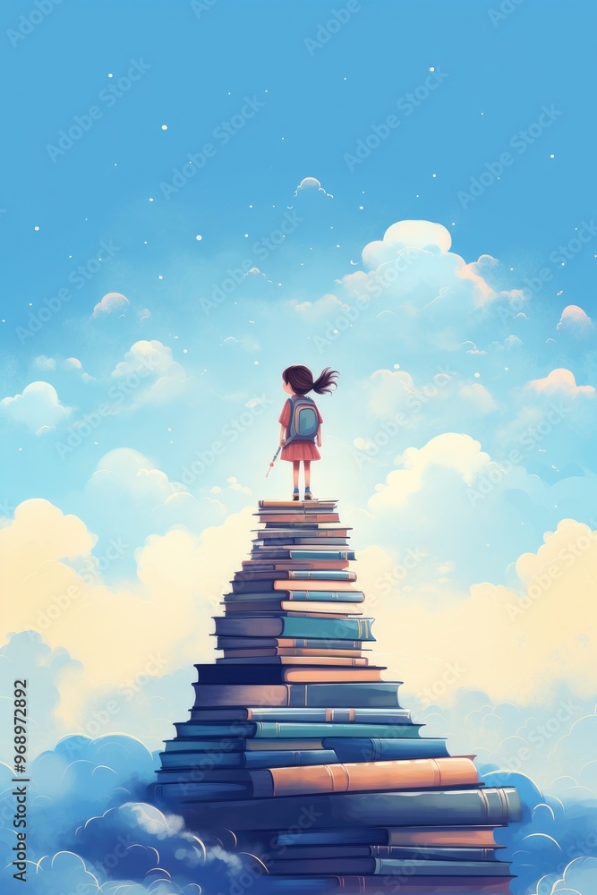child stands on a stack of books illustration child stands on a stack of books illustration