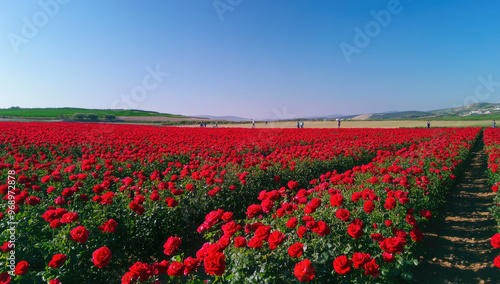  A panoramic view of the stunning red rose fields in Mek тор, Israel, with clear blue skies overhead and distant hills in soft focus. Created with Ai