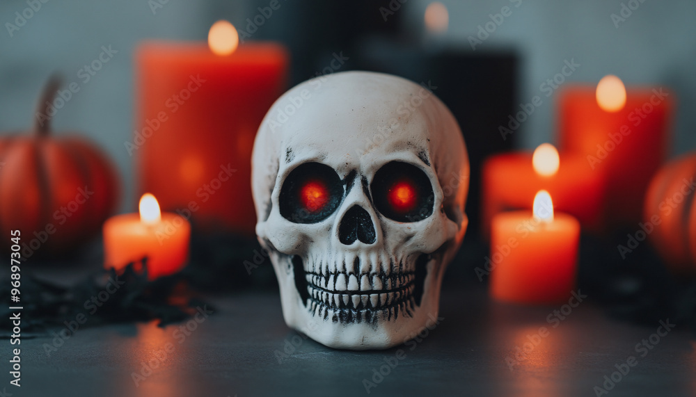 A haunting skull with glowing red eyes surrounded by flickering candles and festive pumpkins, perfect for Halloween decor. A haunting skull with glowing red eyes surrounded by flickering candles and festive pumpkins, perfect for Halloween decor.