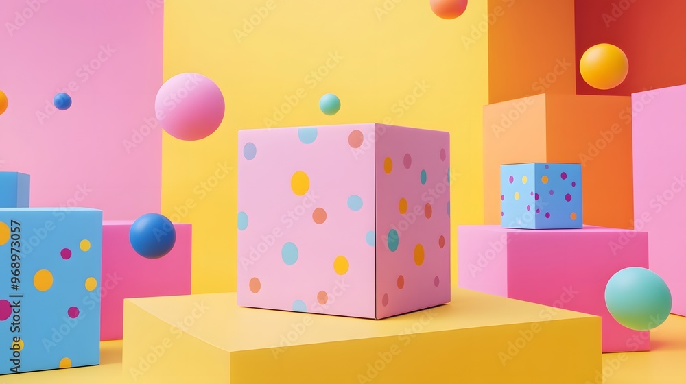 A whimsical 3D render of cartoon packaging isolated on a solid, vibrant background, with exaggerated features and bright colors, the packaging has a glossy texture with soft, ambient lighting A whimsical 3D render of cartoon packaging isolated on a solid, vibrant background, with exaggerated features and bright colors, the packaging has a glossy texture with soft, ambient lighting