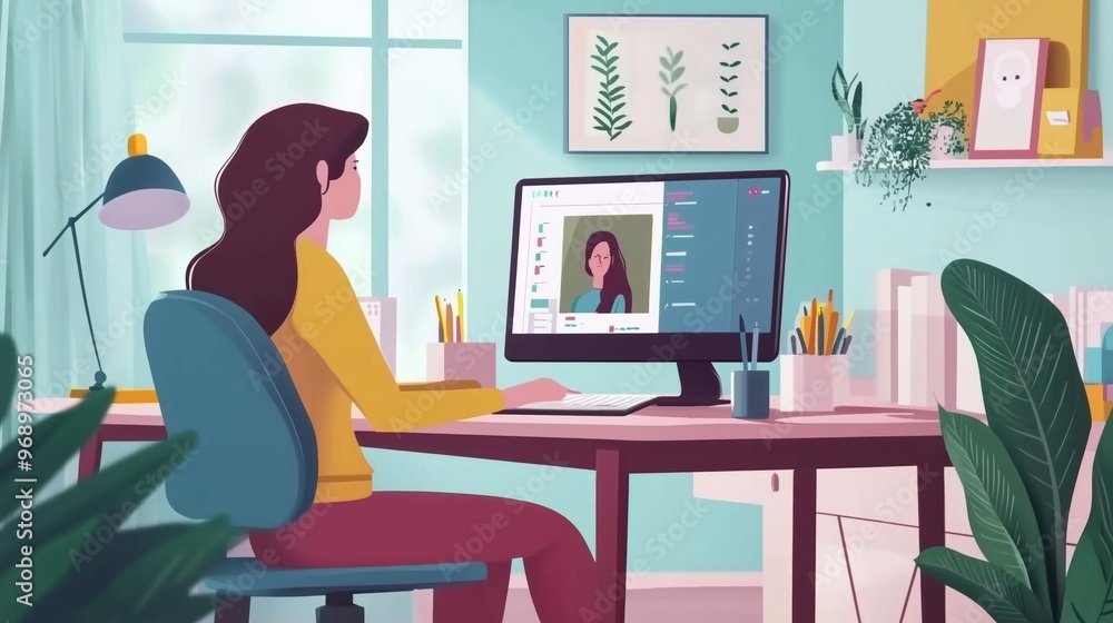 Fototapeta premium Work from home woman having a video conference with his colleagues. Online people work together. Remote teamwork concept.