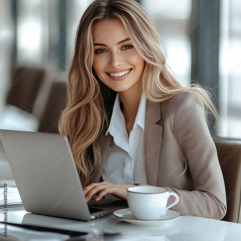 Businesswoman smiling while working on a laptop in a modern office, enjoying a coffee break. Businesswoman smiling while working on a laptop in a modern office, enjoying a coffee break.