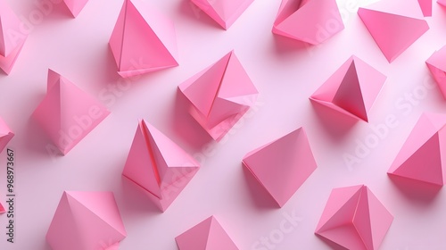 Abstract design with multiple pink tetrahedrons overlapping on a light surface photo