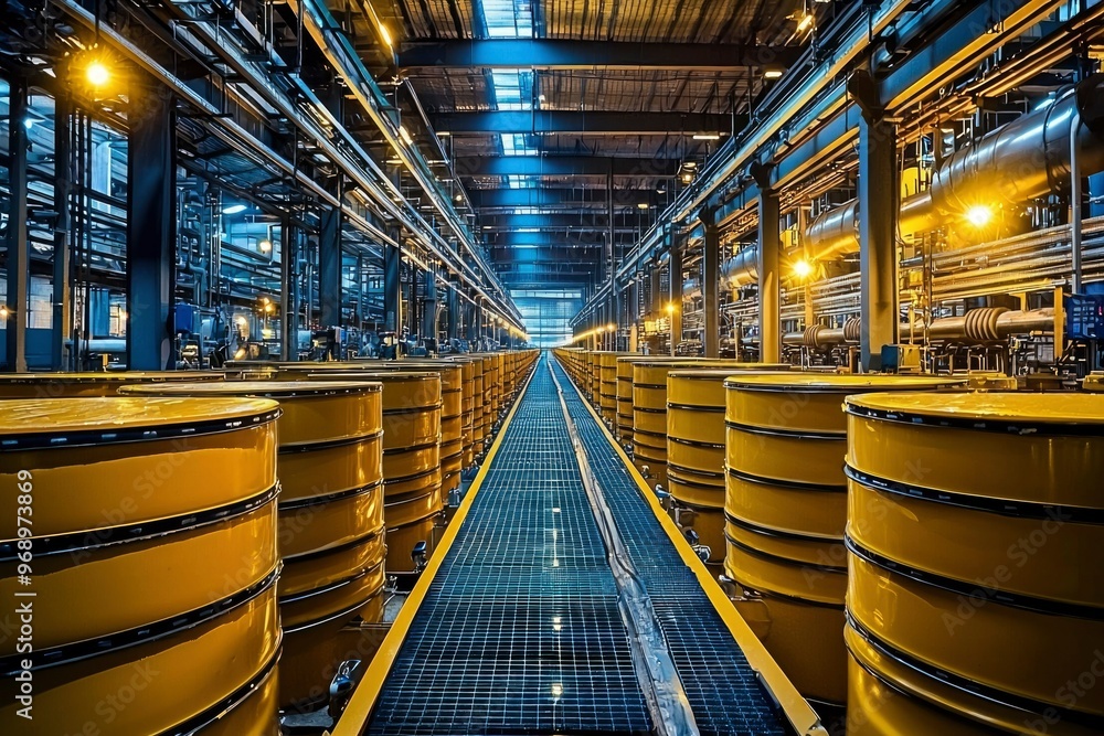 Fototapeta premium Yellow Barrels on a Conveyor Belt in a Factory Setting