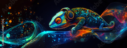 Neon Chameleon with High-Tech Headphones