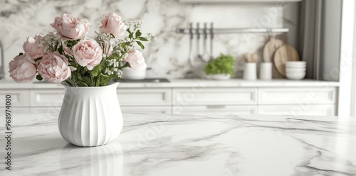 In this mock-up of a cooking room, a marble table top graces a modern white kitchen with built-in cabinets and a counter.