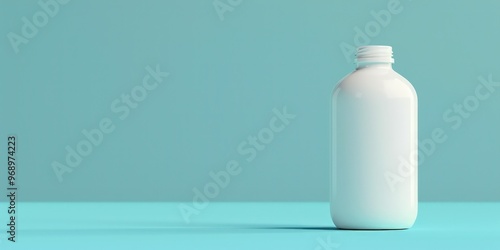 Classic white bottle against a pastel sky blue backdrop, perfect for advertising with right-side text space. Full ultra HD,