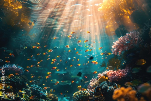 Vibrant Coral Reef Underwater Scene with Tropical Fish and Colorful Marine Life