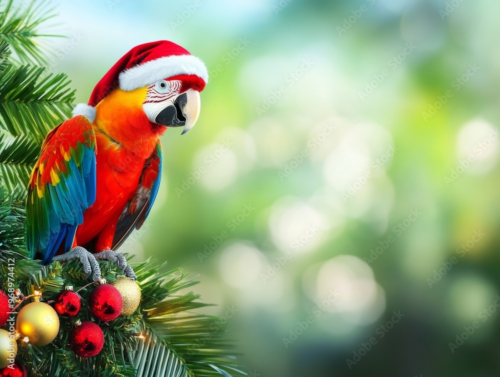 Obraz premium A vibrant macaw wearing a Santa hat perched on a festive pine branch decorated with red and gold ornaments. A cheerful holiday scene.