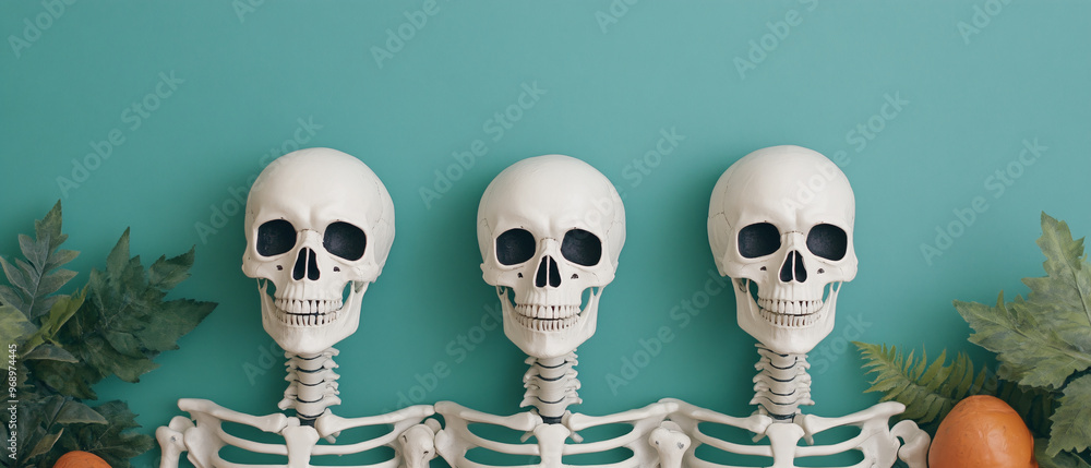 Three playful skeletons arranged against a turquoise background, surrounded by greenery and decorative eggs for a festive vibe. Three playful skeletons arranged against a turquoise background, surrounded by greenery and decorative eggs for a festive vibe.