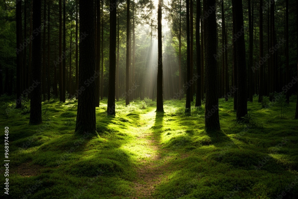 Fototapeta premium Stunning forest trail with sun rays between nadelbeeches
