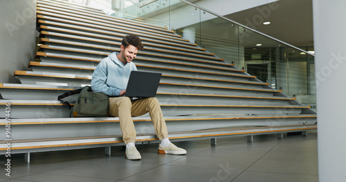 Фотография Man, stairs and student on laptop for learning, assignment and books for studying on campus