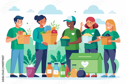 Community volunteering and food donation effort with cheerful group
