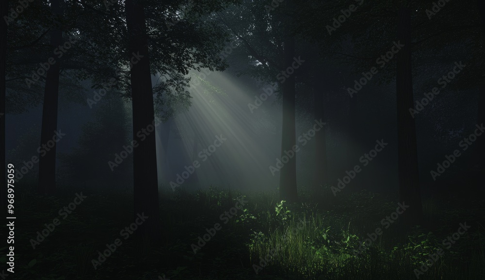 An enchanting forest of trees, dark clouds and rays of sunlight An enchanting forest of trees, dark clouds and rays of sunlight