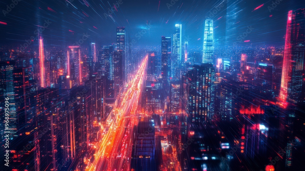Abstract vibrant city skyline with dynamic lights and energy Abstract vibrant city skyline with dynamic lights and energy