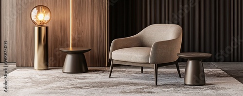 Modern Living Room Interior with Armchair, Floor Lamp, and Side Tables.