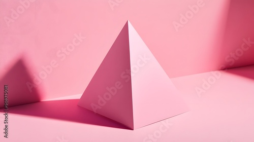 Minimalistic background with a single pink tetrahedron casting a soft shadow