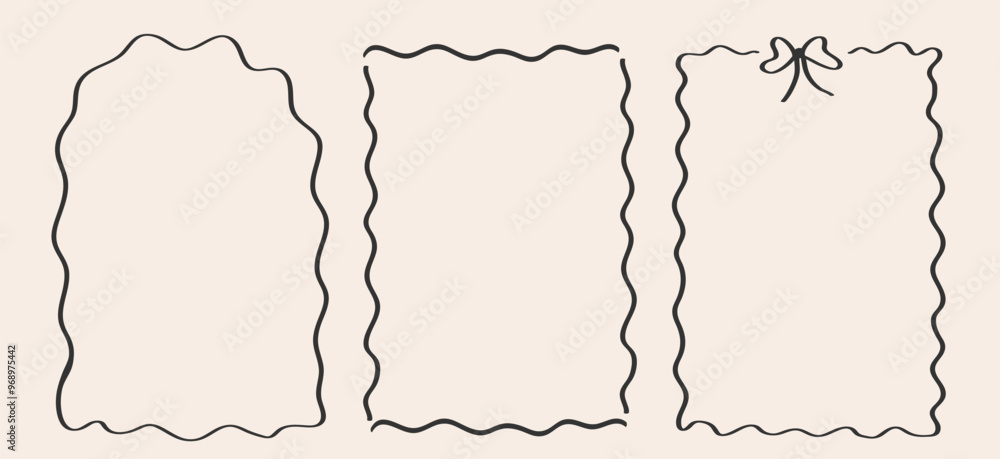 Set of outline scallop frame border in doodle style. Retro frame with wavy border. Brush hand drawn rectangle and arch